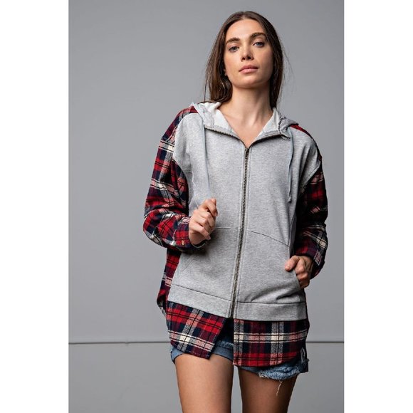easel Jackets & Coats Easel Grey Red Plaid Mix Terry Knit Zip Loose